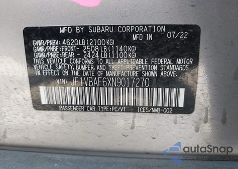 2022 Subaru Wrx Premium from USA, damaged, VIN JF1VBAF6XN9017270